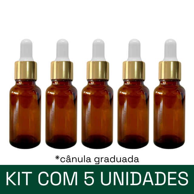 Frasco âmbar com conta-gotas dourado e bulbo branco - 20 ml (unitário ou kit) - graduado