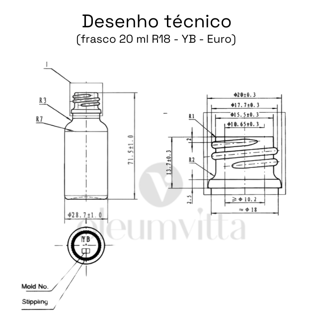 Frasco âmbar com conta-gotas dourado e bulbo branco - 20 ml (unitário ou kit) - graduado