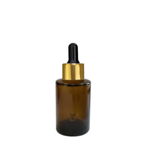 Frasco âmbar ombro RETO conta-gotas dourado e bulbo preto - 30 ml (unitário ou kit)