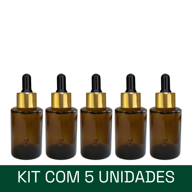 Frasco âmbar ombro RETO conta-gotas dourado e bulbo preto - 30 ml (unitário ou kit)