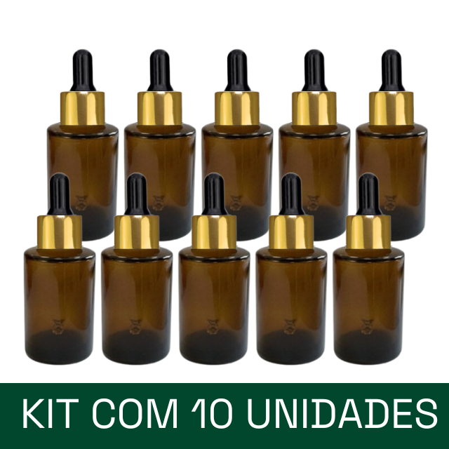 Frasco âmbar ombro RETO conta-gotas dourado e bulbo preto - 30 ml (unitário ou kit)