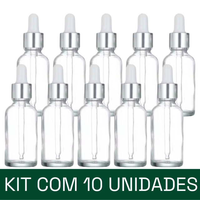 Frasco transparente com conta-gotas prateado e bulbo branco - 30 ml (unitário ou kit)