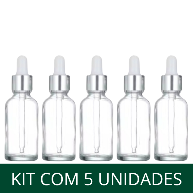 Frasco transparente com conta-gotas prateado e bulbo branco - 30 ml (unitário ou kit)