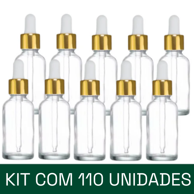 Frasco transparente com conta-gotas dourado e bulbo branco - 30 ml (unitário ou kit)