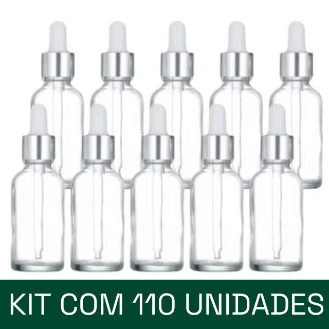 Frasco transparente com conta-gotas prateado e bulbo branco - 30 ml (unitário ou kit)